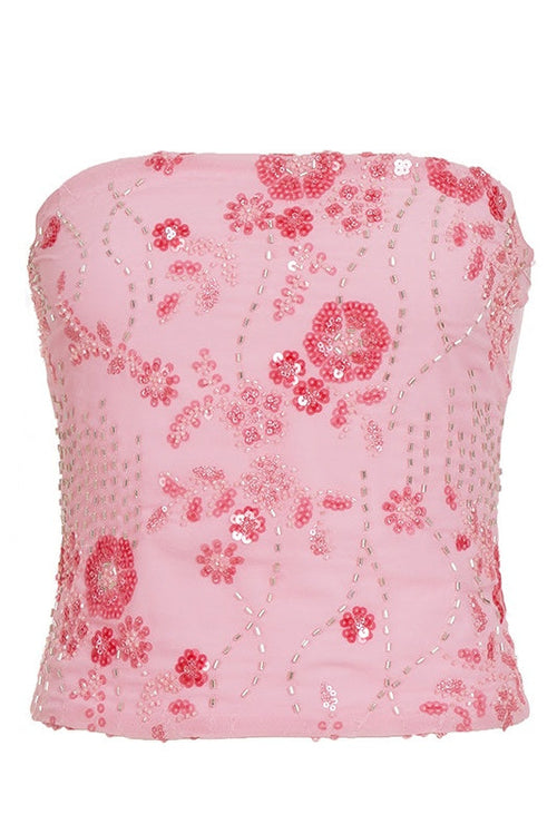 Pink Sequin Strapless Crop Top
