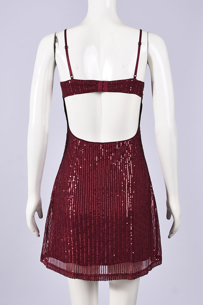 Straps Burgundy Sequin A-line Short Dress