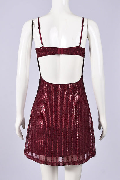 Straps Burgundy Sequin A-line Short Dress