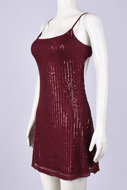 Straps Burgundy Sequin A-line Short Dress