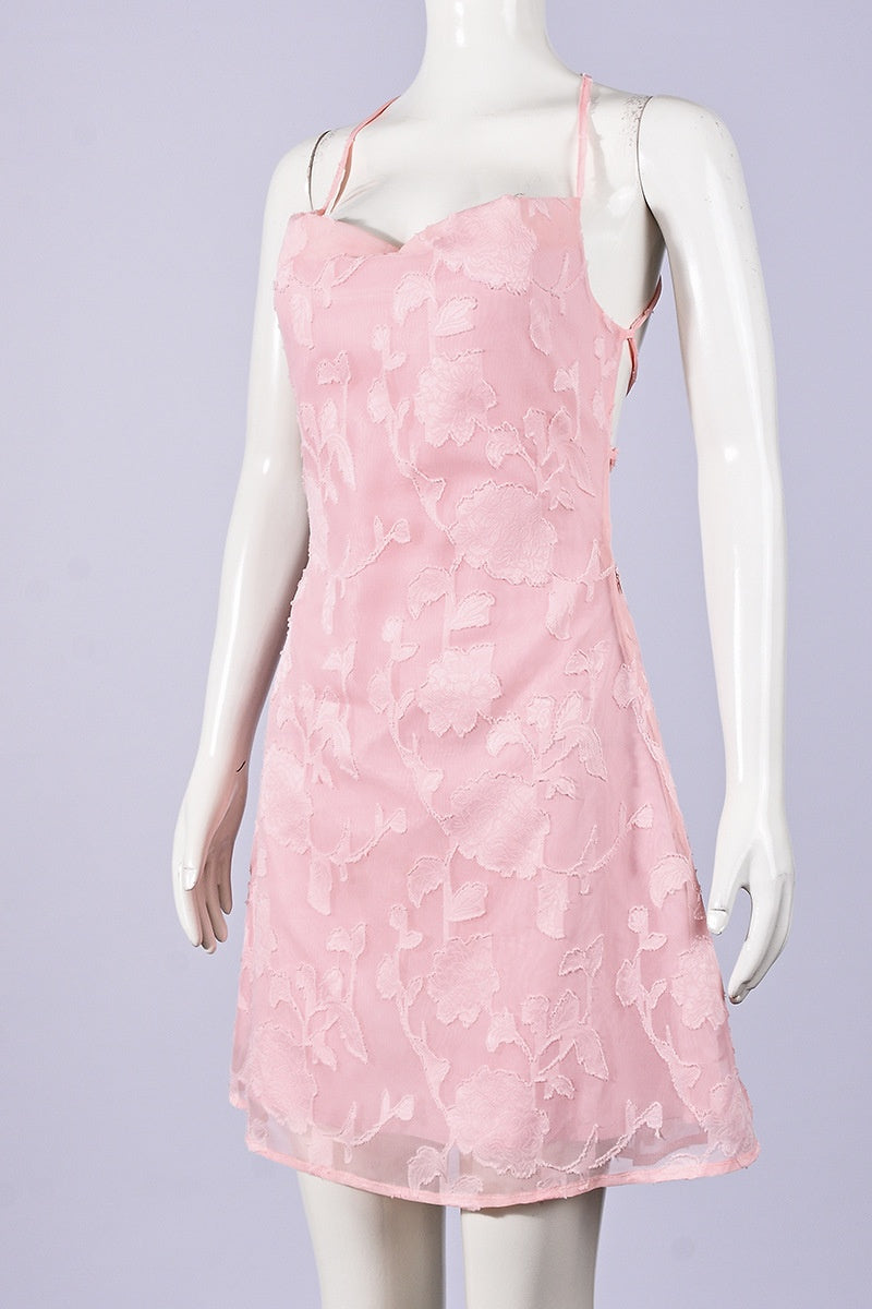 Pink Spaghetti Straps Printed Mini Dress