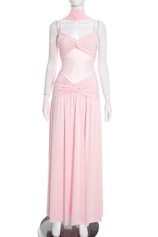 Pink Straps Twist Tie Long Dress