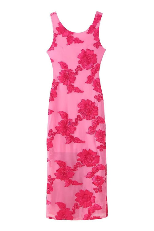 Scoop Hot Pink Floral Jacquard Fitted Long Dress