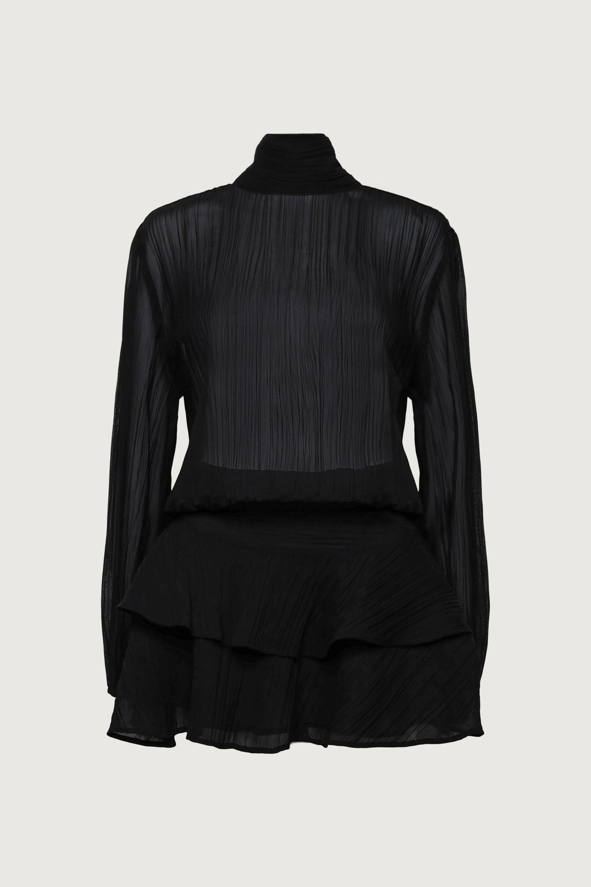MOCKNECK LONG SLEEVE SHEER RUFFLED MINI DRESS