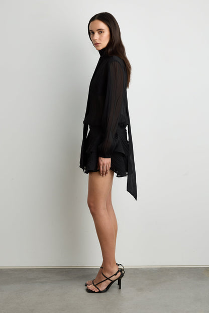 MOCKNECK LONG SLEEVE SHEER RUFFLED MINI DRESS