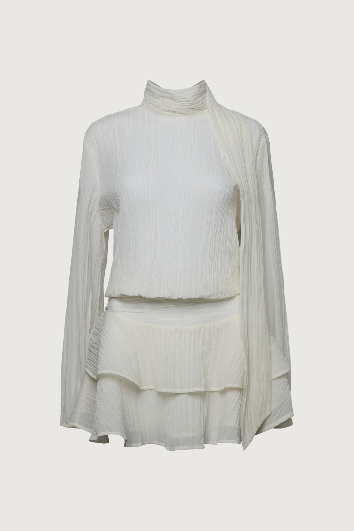 MOCKNECK LONG SLEEVE SHEER RUFFLED MINI DRESS