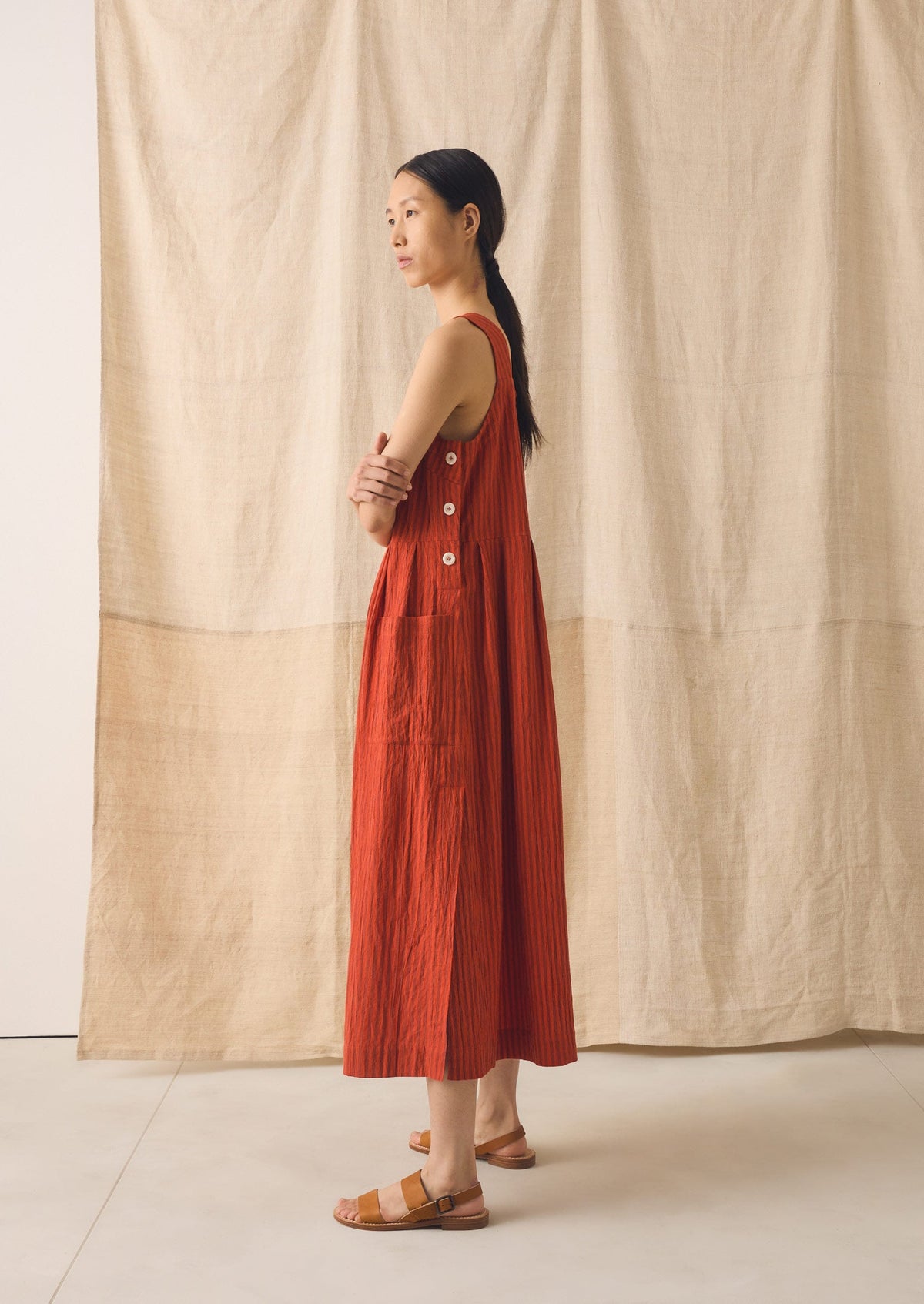 Tablier Stripe Cotton Pinafore Dress | Tomato
