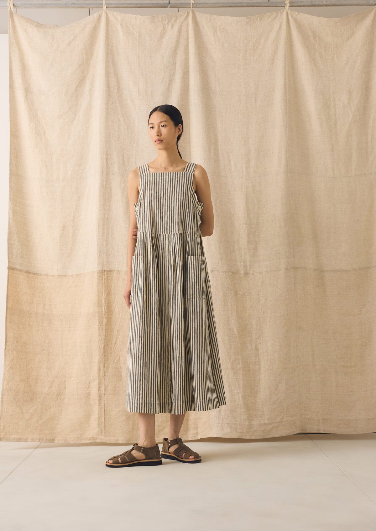 Tablier Stripe Cotton Pinafore Dress | Workshop Blue