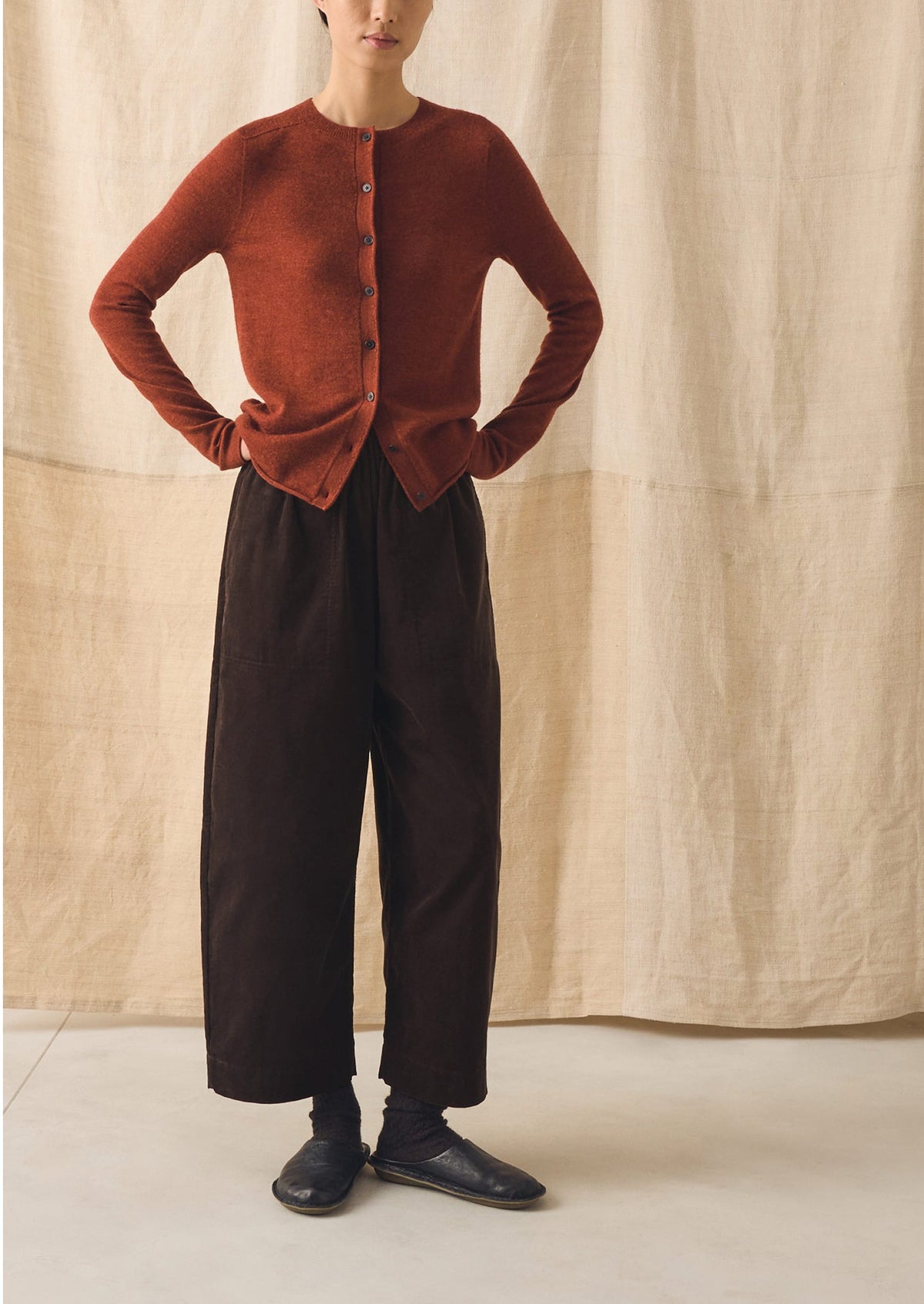 Wool Cashmere Neat Cardigan | Warm Terracotta