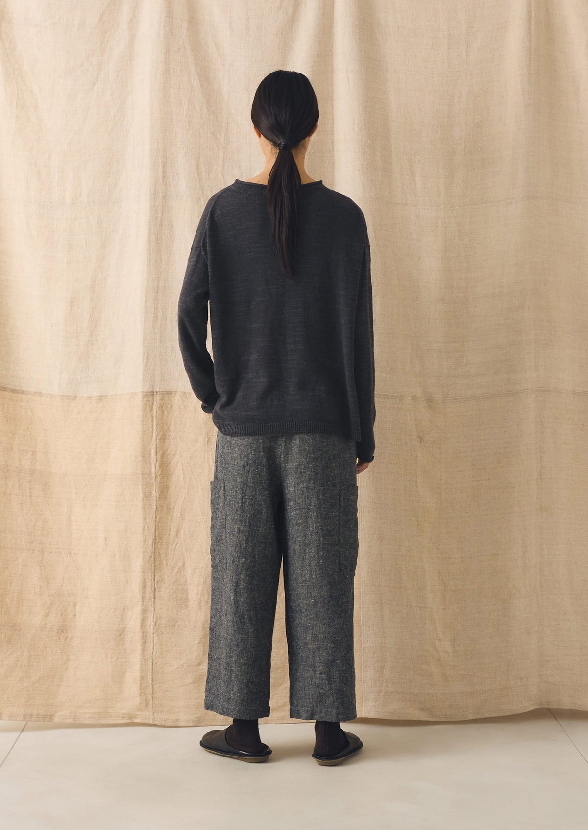 Linen Cotton Patch Pocket Trousers | Navy/Ecru