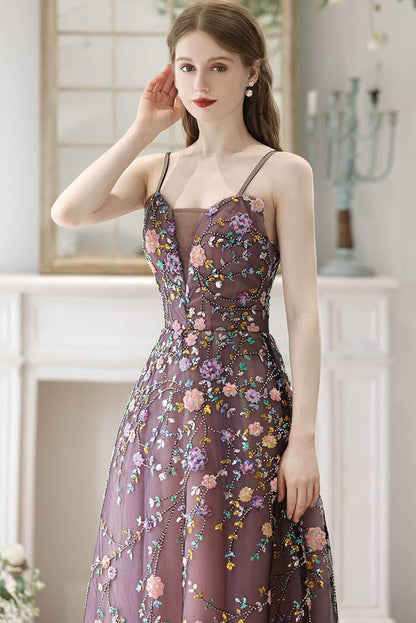 Straps Purple Beaded A-line Long Party Dress