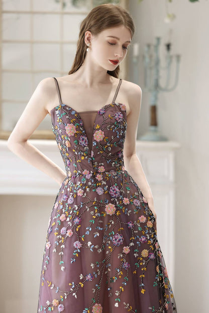 Straps Purple Beaded A-line Long Party Dress