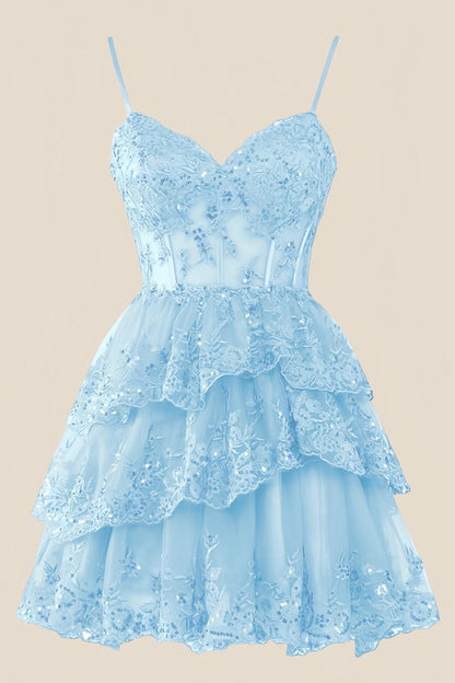 Straps Light Blue Tiered Layered Short Princess Dress