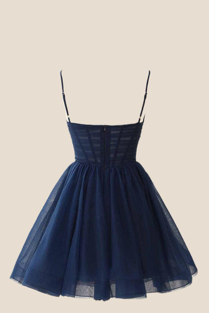 Straps Navy Blue Pleated A-line Homecoming Dress