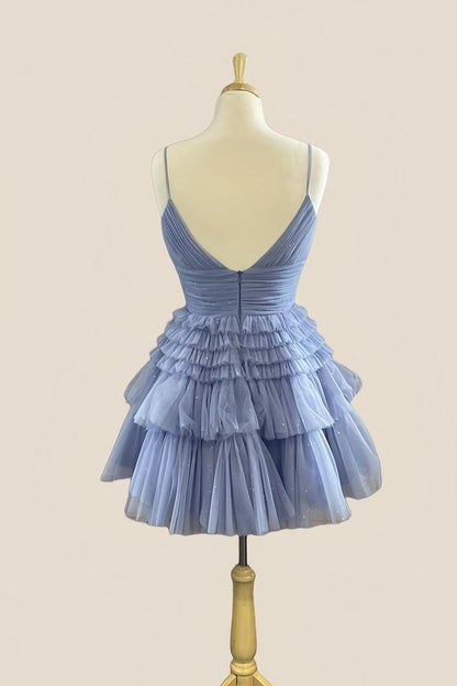 Straps Periwinkle Tiered Ruffle Short A-line Homecoming Dress
