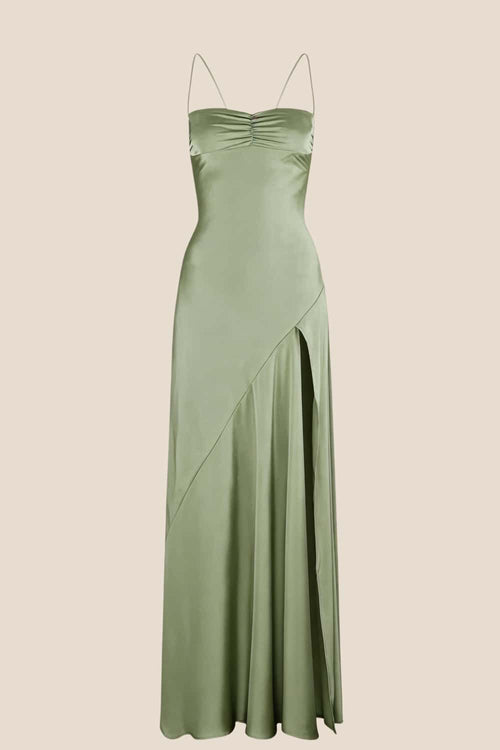 Spaghetti Straps Olive Green Long Dress with Slit