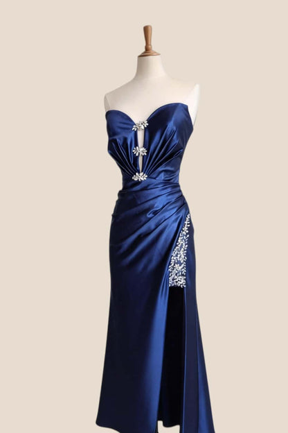 Plunge Navy Blue Ruched Slit Long Formal Dress