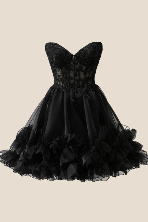Sweetheart Black Appliques A-line Short Ruffle Dress