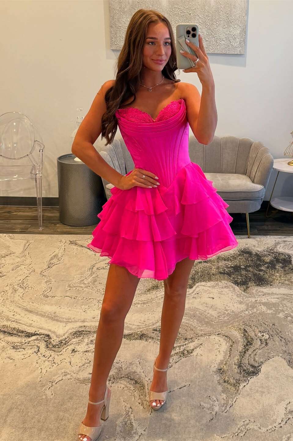 Sweetheart Fuchsia Corset A-line Chiffon Short Homecoming Dress