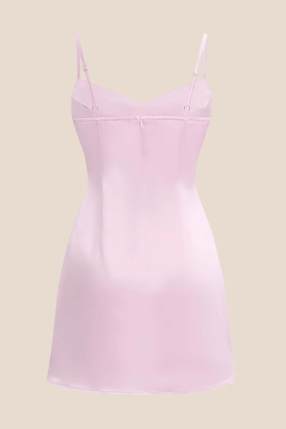 Straps Pink Ruched Satin Short Dress