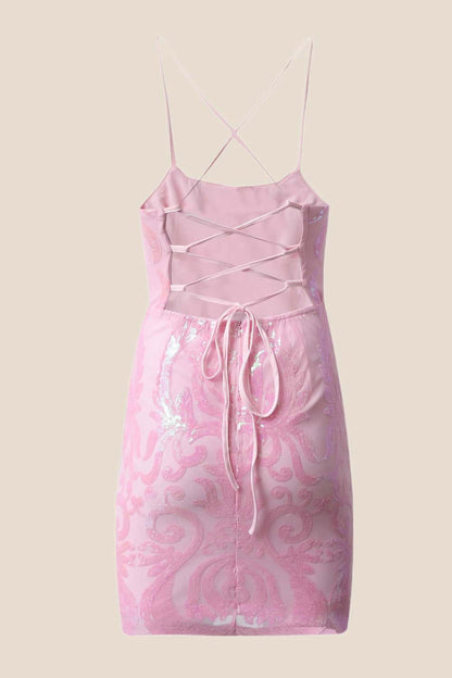 Straps Pink Sequin Embroidered Fitted Short Dress