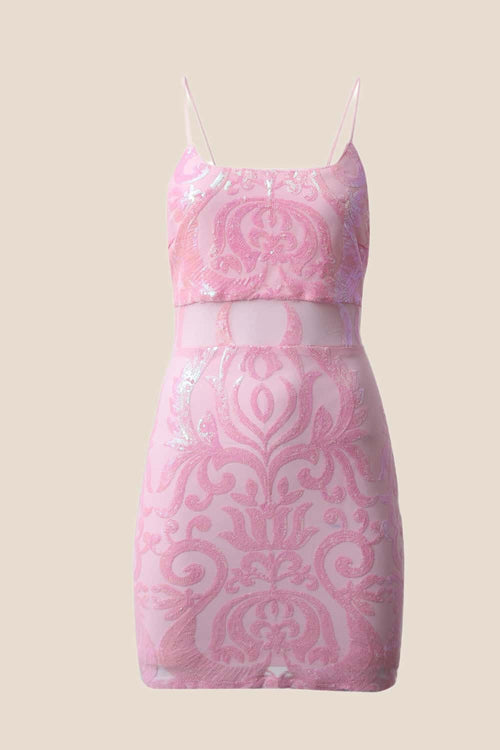 Straps Pink Sequin Embroidered Fitted Short Dress
