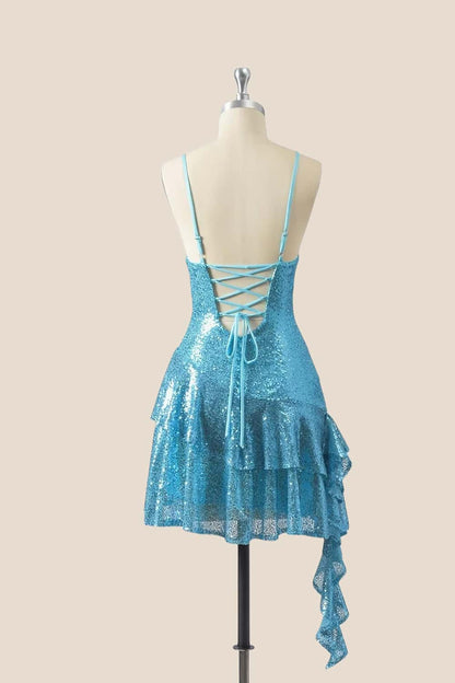Straps Blue Sequin Ruffle A-line Short Dress