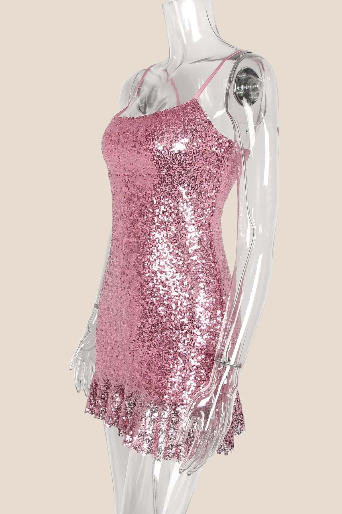 Pink Sequin Ruffle Hem Short Dress
