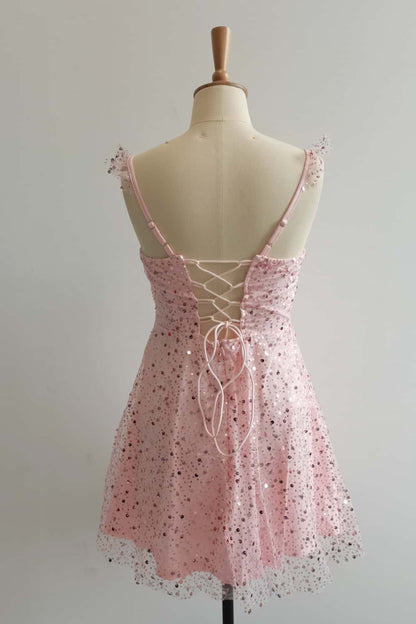 Pink Ruffle Straps Sequin Short Dress