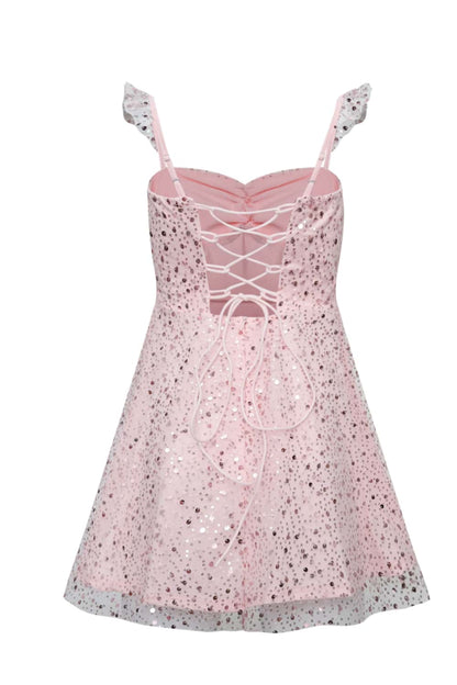 Pink Ruffle Straps Sequin Short Dress