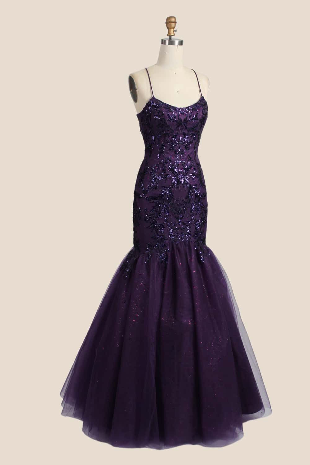 Straps Purple Appliques Mermaid Long Dress