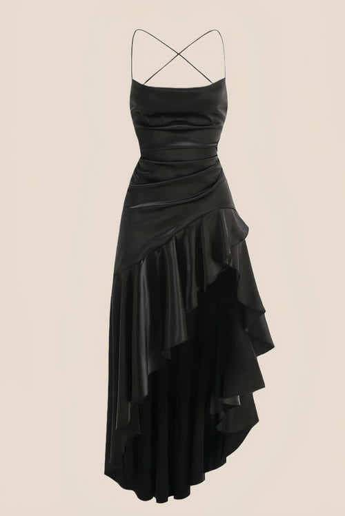 Straps Black Satin Ruffle Slit Party Dress