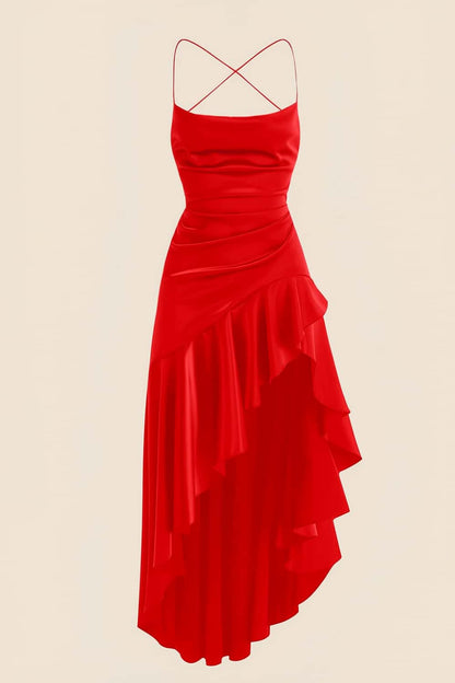 Straps Black Satin Ruffle Slit Party Dress
