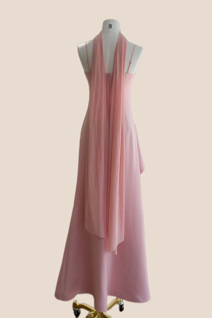 Pink Straps Ruched Frill Long Dress