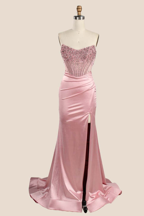 Rhinestones Pink Satin Ruched Slit Long Dress