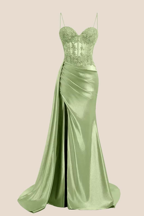 Sage Sheer Appliques Satin Long Prom Dress with Train