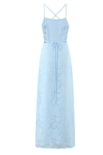 Straps Blue Lace Fitted Long Dress