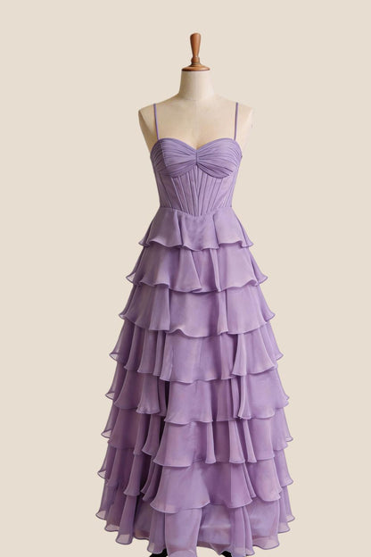 Straps Blue Chiffon Ruffle A-line Prom Dress