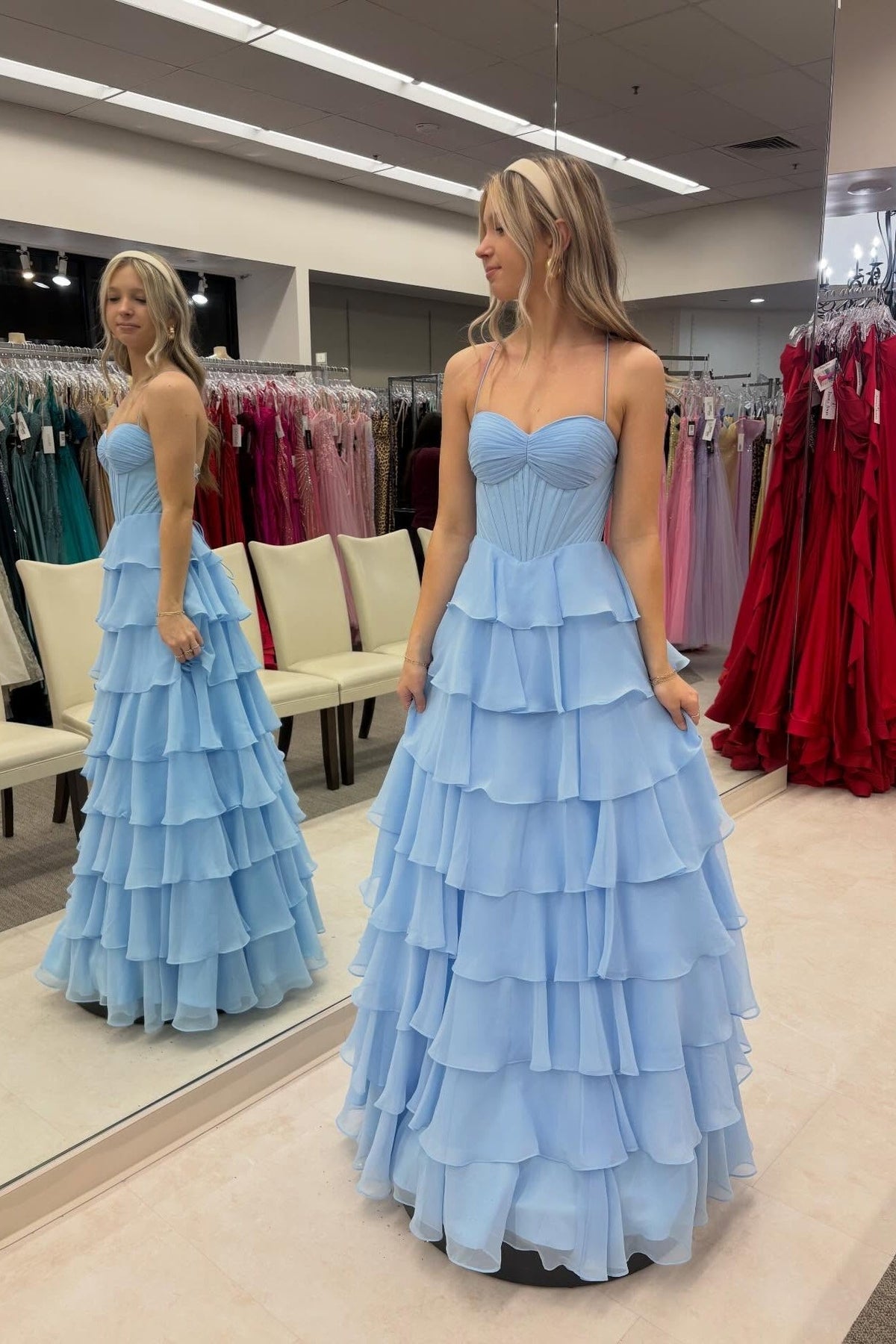 Straps Blue Chiffon Ruffle A-line Prom Dress
