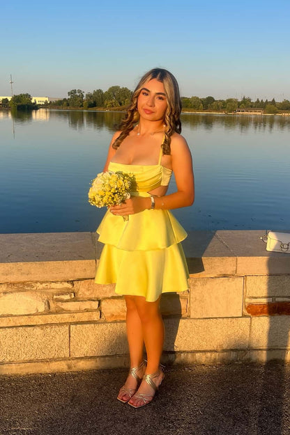 Straps Yellow Tiered Short Dress with Cut-out