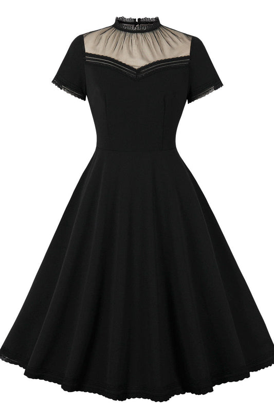 Sheer High Neck Black Swing Dress with Short Sleeves