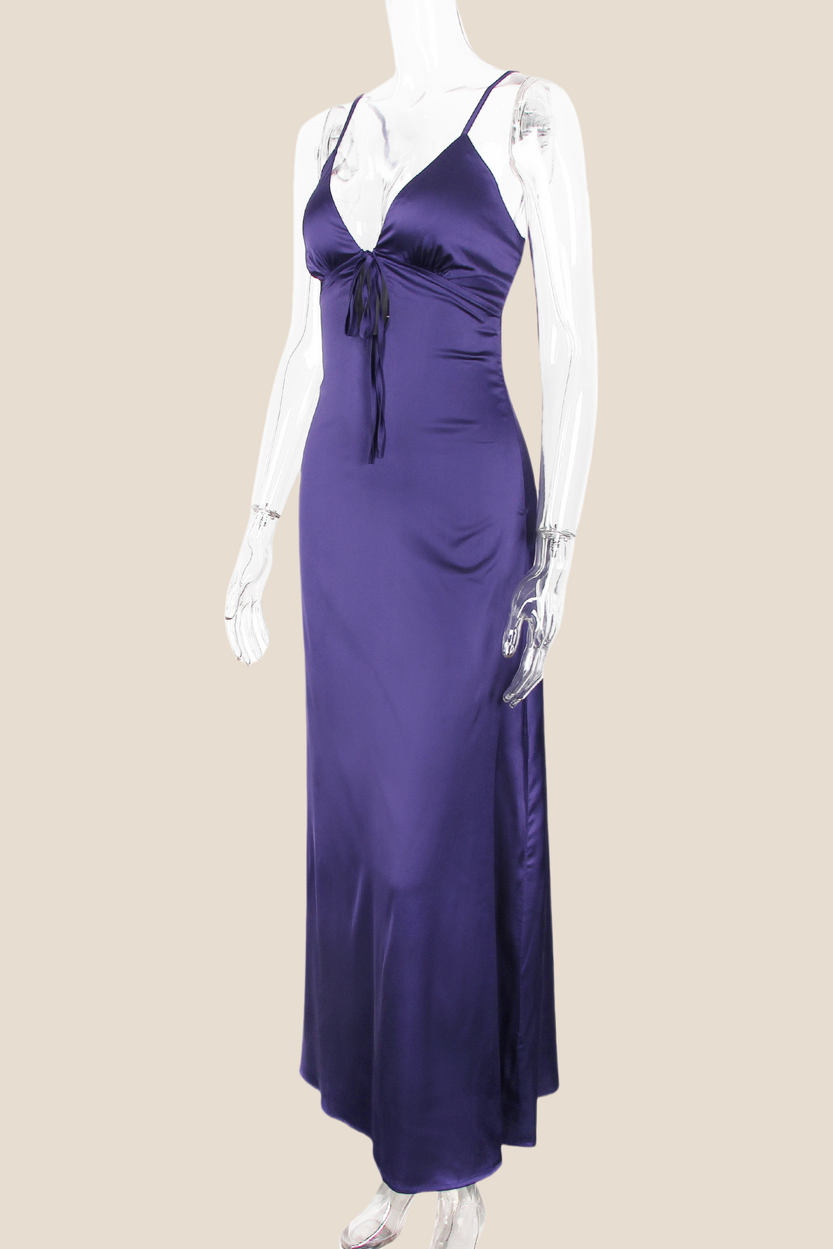 Plunge Neck Purple Back Tie Long Dress