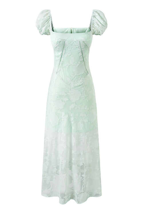 Puff Sleeves Green Floral Long Dress