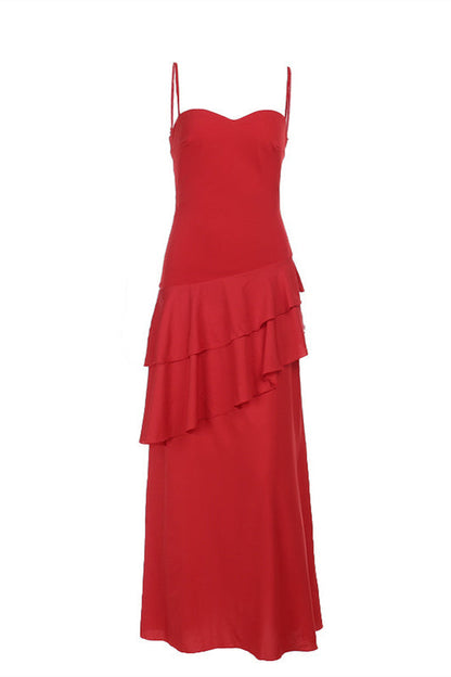 Straps Navy Blue Chiffon Tiered Maxi Dress
