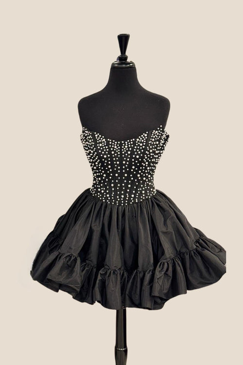 Strapless Black Ruffle Hem Short Dress with Pearls