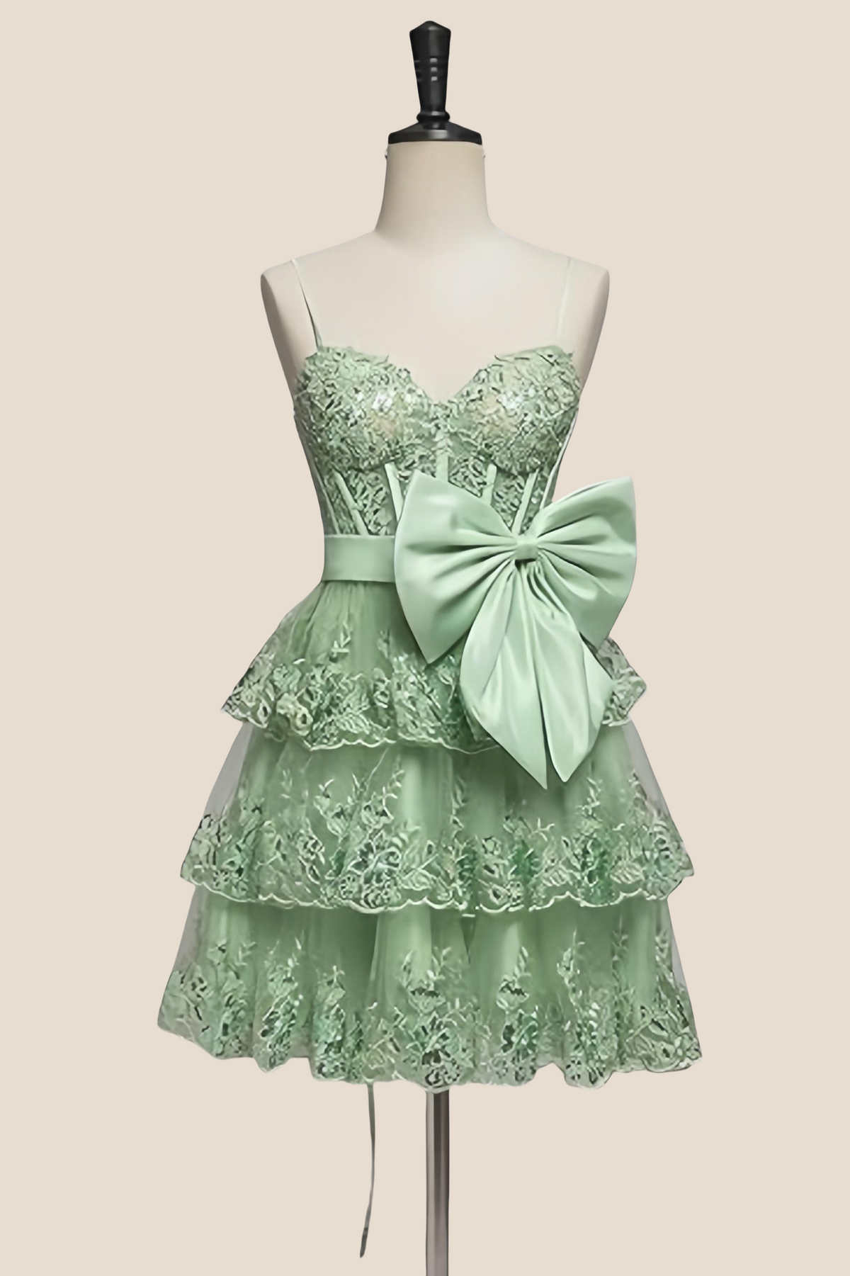 Straps Hot Pink Appliques Tiered Short Dress with Bow