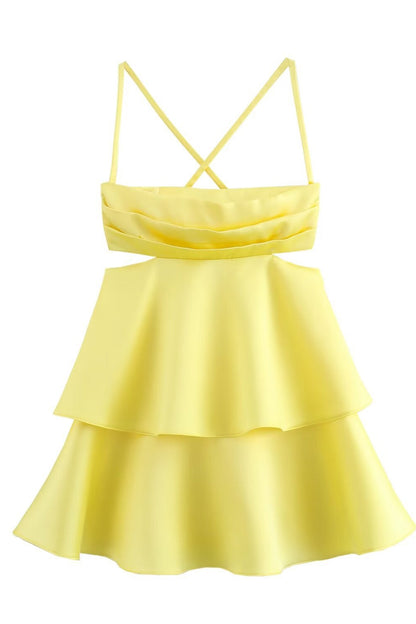 Straps Yellow Tiered Short Dress with Cut-out