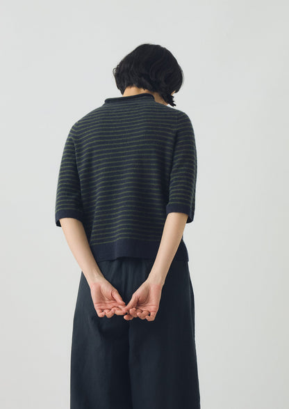 Stripe Wool Cashmere Half Sleeve Sweater | Dark Navy/Olive