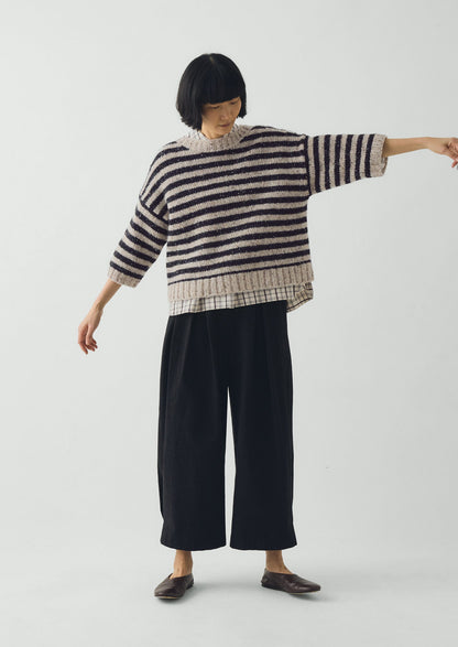 Stripe Donegal Short Sleeve Sweater | Soft Black/Oatmeal