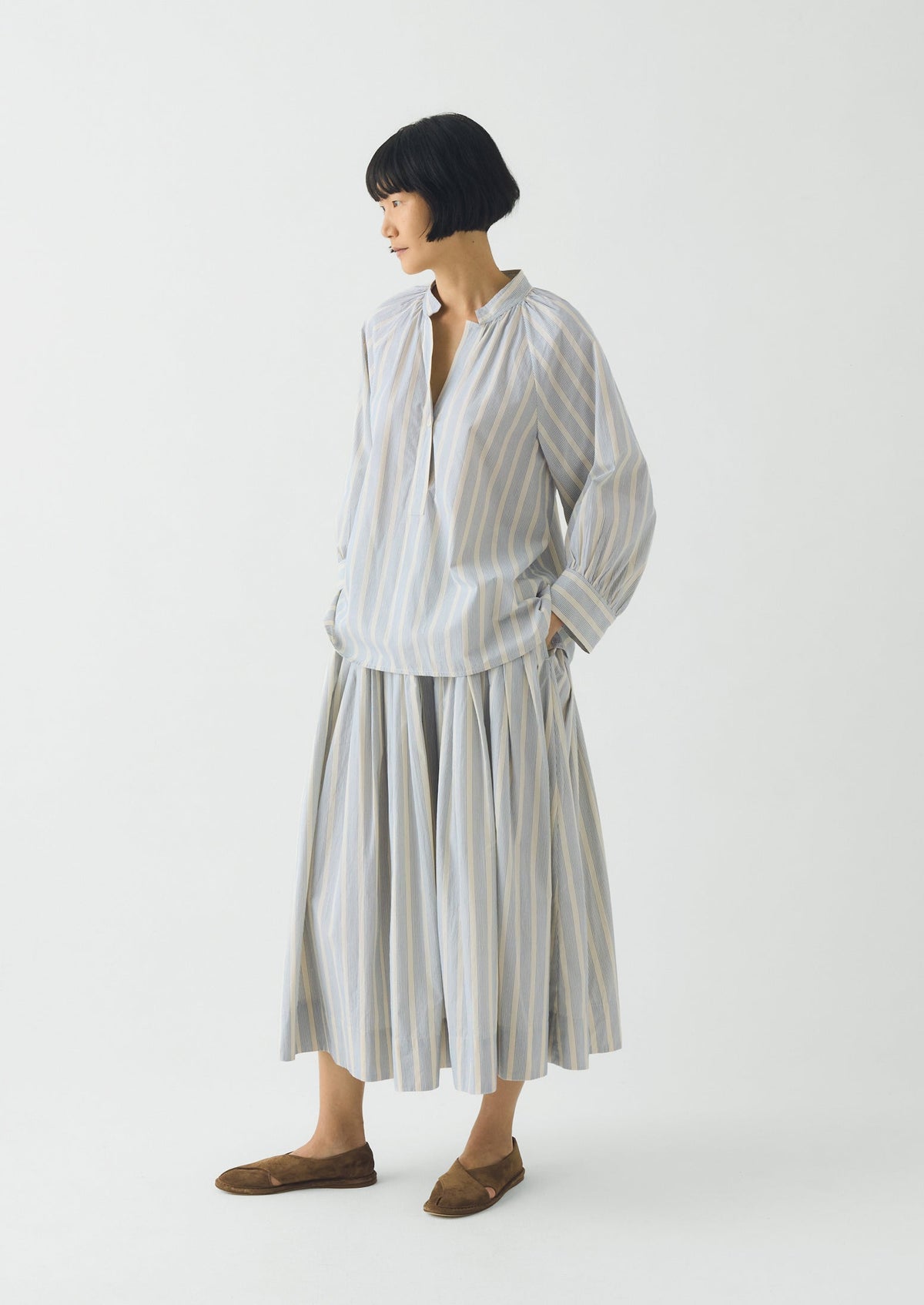 Pleated Stripe Cotton Skirt | Ecru/Blue